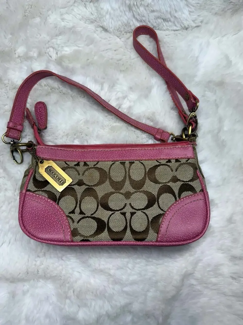 Coach Signature C Small Shoulder Bag/Wristlet in Brown and Pink